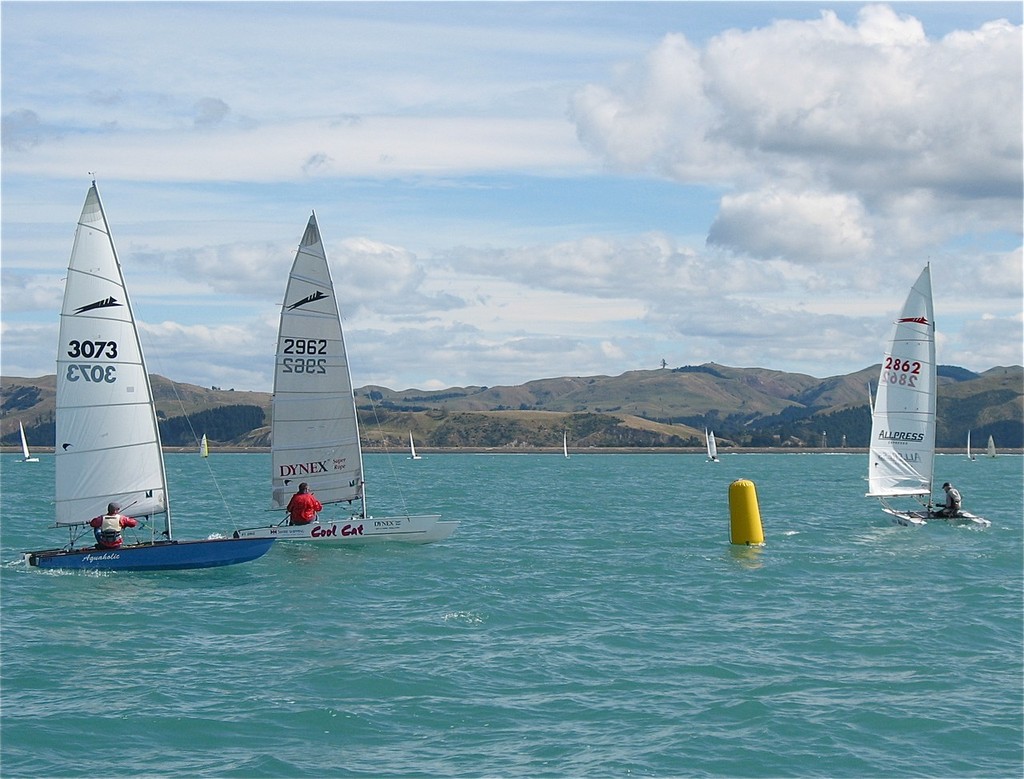 Mark Bell, Bob Preston & Hayden Percy in race six, day three. - 2010 Swire Shipping Paper Tiger Catamaran International Championships © Nickolas Radovanovic